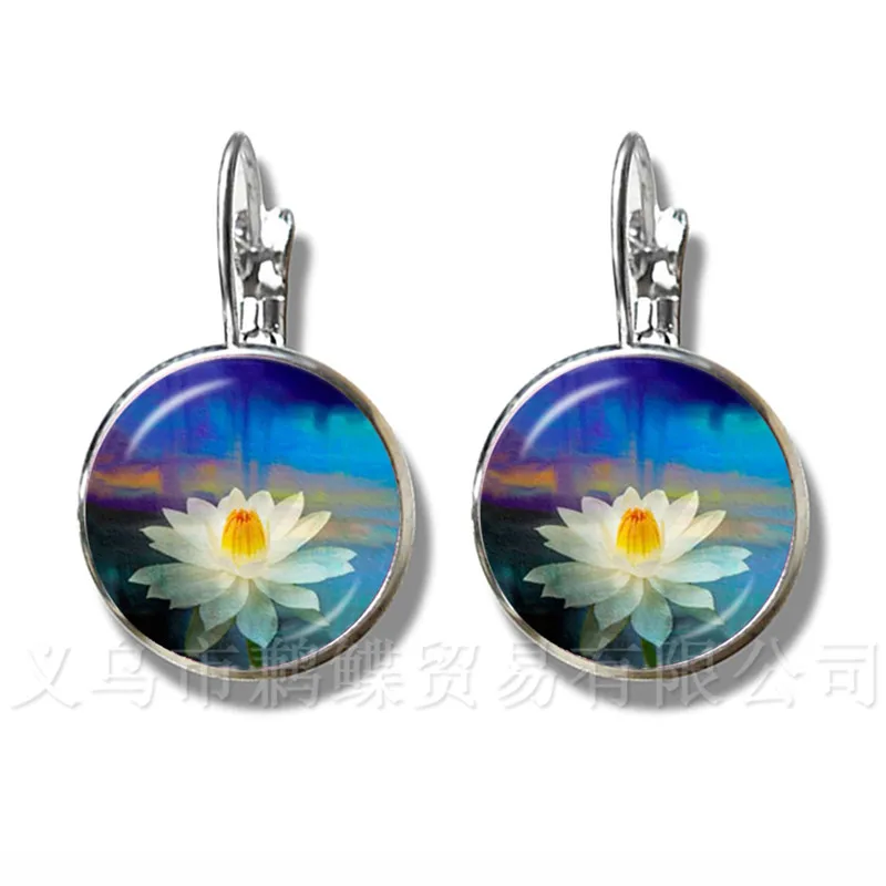 Lotus Flower Earrings Mandala Photo Art Glass Cabochon Silver Plated Stud Earrings Sacred Geometry OM Fashion Jewelry Gift