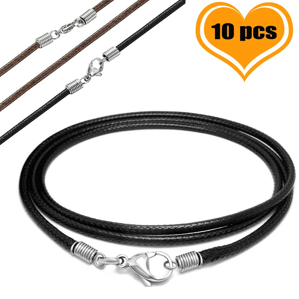 10 Pcs/lot Stainless Steel 2.5 mm Black/Brown Leather Braided Rope cords Necklaces & Pendant Findings Lobster Clasp String Cord