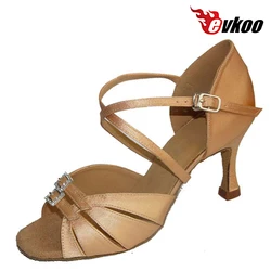 Evkoodance Latin Dance Shoes para Mulheres, Fivela de Cristal, 5 Cores Diferentes para Escolha, 7.3cm Salto, Cetim ou PU, OEM Party