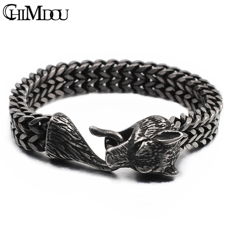 CHIMDOU Fashion Party Punk 316L Stainless Steel Mens Chain Link Bracelets Wolf Bracelets Wristband Jewelry wholesale Gift AB676