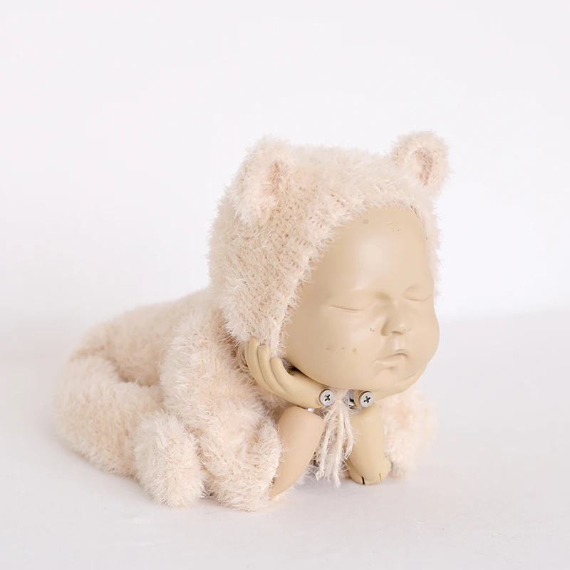 

Beige Newborn Bear Outfit Props Chunky Baby Footed Pants Soft Fuzzy Sleeper Pants Newborn Pajamas Baby Animal Hat Bonnet Clothes