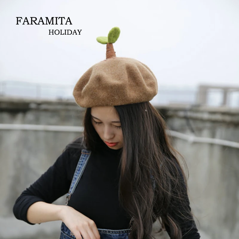 

Faramita Holiday Women Cute Branch Hand-made Girls Boys Berets Spring Vintage Fashion Manual Wool Felt Hat Cap Beret Painter