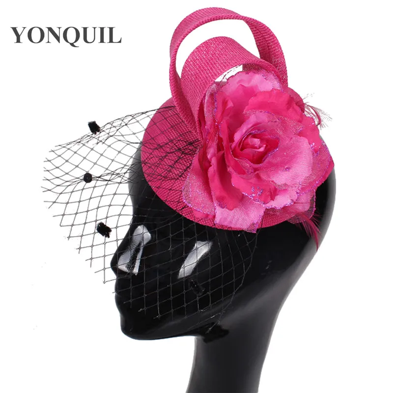 New Style Chemo Lady Silk Flower Adorn Fascinator Sinamay With Bridal Birdcage Veils Fascinator Hat Attractive Wedding Cap SYF83