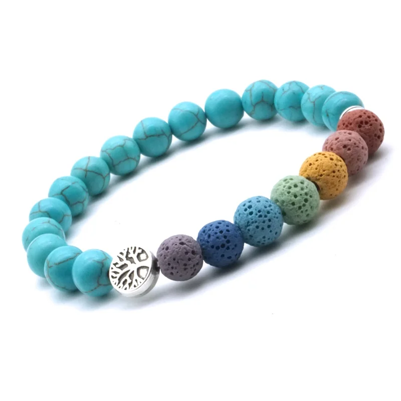 Tree of Life 8mm Colorful 7 Chakras Kallaite Lava Stone Bracelet DIY Aromatherapy Essential Oil Diffuser Bracelet Yoga Jewelry