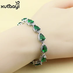 Hot Sell Silver Color Jewelry For Women Water Drop Green Imitated Emerald  Fashion Link Chain Bracelets Length 18+2cm Free Box