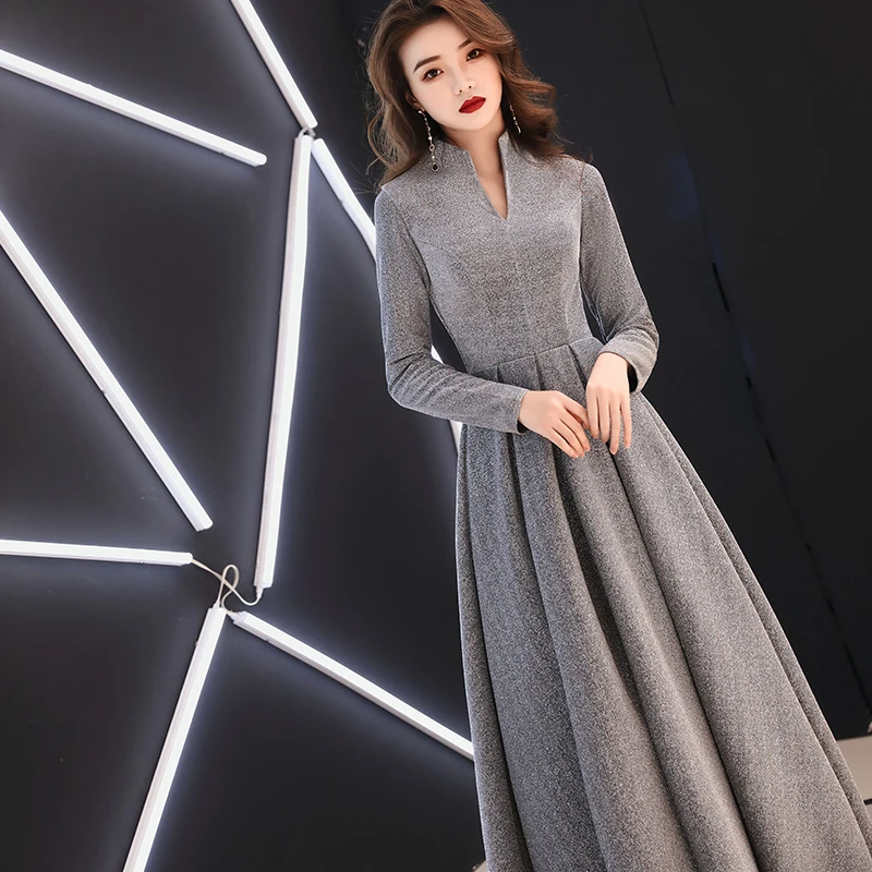 Customized Women Long Sleeve Evening Gowns Celebrity Dress Elegant Formal Long Dresses Satin A line Evening Dresses WY1509