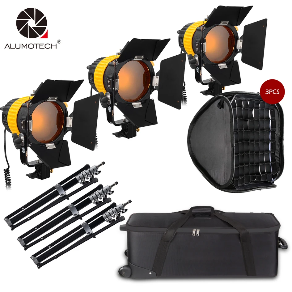 ALUMOTECH 3x80W LED Spotlight With V-mount Power+StandX3+SoftboX3 Kit For Studio Camera Video Photography Supporting