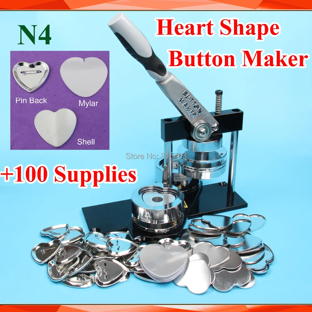 Pro N4 Heart Shape 57x52mm Badge Button Maker Machine with Interchangeable Die Mould +100 Sets Metal Pinback Supply