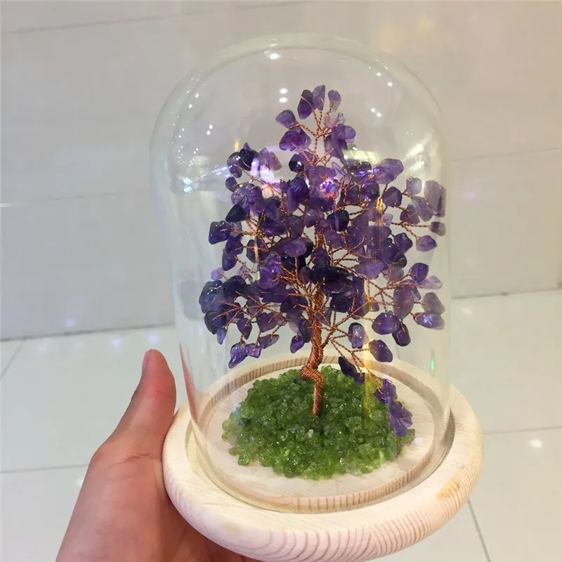 

home decoraton natural amethyst quartz gemstone crystal lucky tree reike healing olivine gemstone with nice bottle feng shui