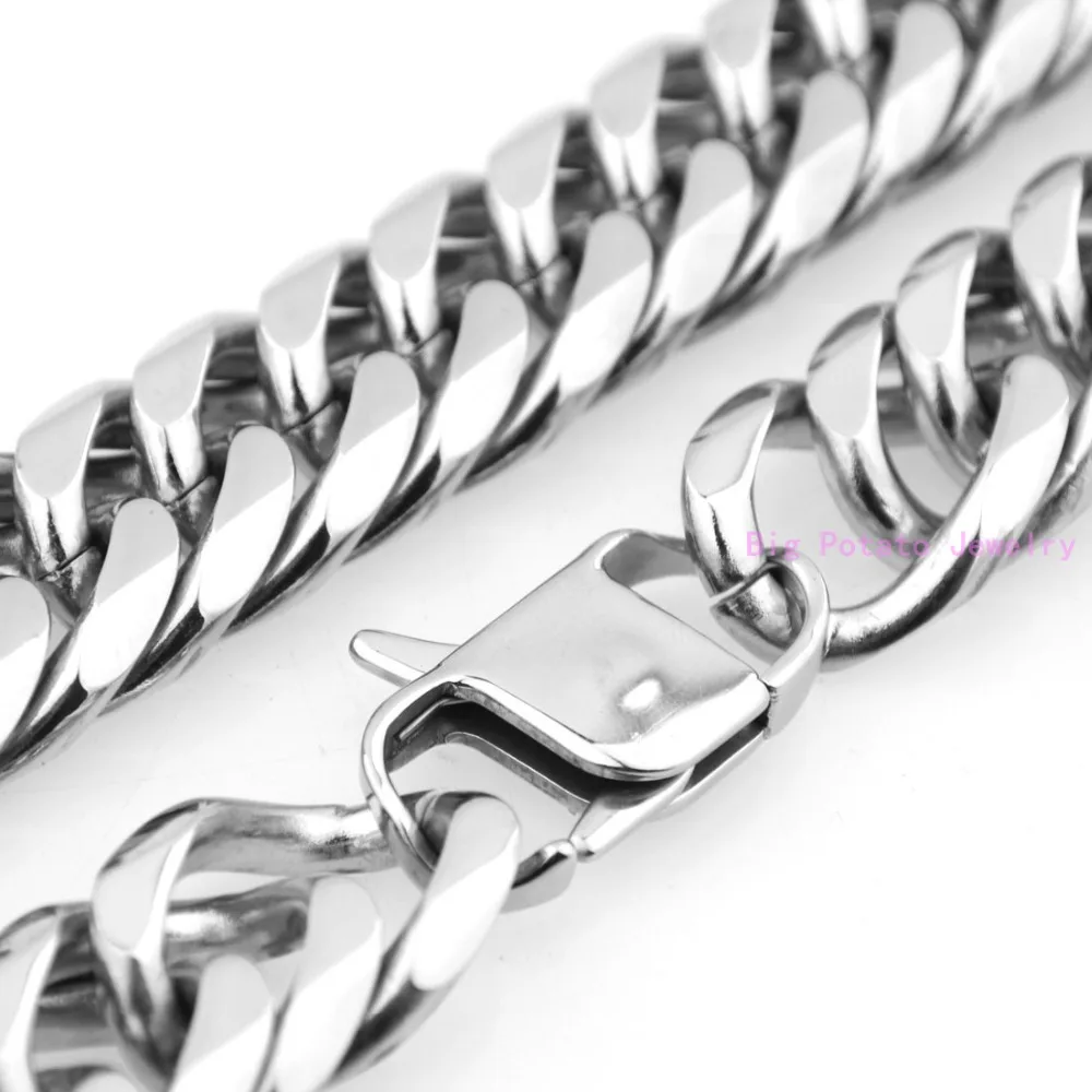 High Quality 19MM Polishing Silver Color Cuban Link Chain Bracelet  316L Stainless Steel Cool Men's Jewelry 7-11inch Custom Size