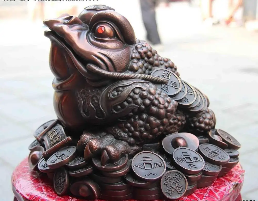 Folk Bronze Copper Home Feng Shui Evil Coin Money Wealth Toad Gold Toad Statue 23CM