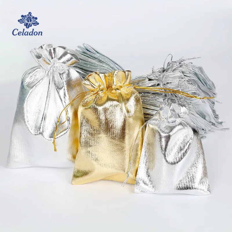 10pcs Gold Silver Color Metallic Foil Organza Pouches Christmas Wedding Party Favour Gifts Candy Bags Jewelry Bag