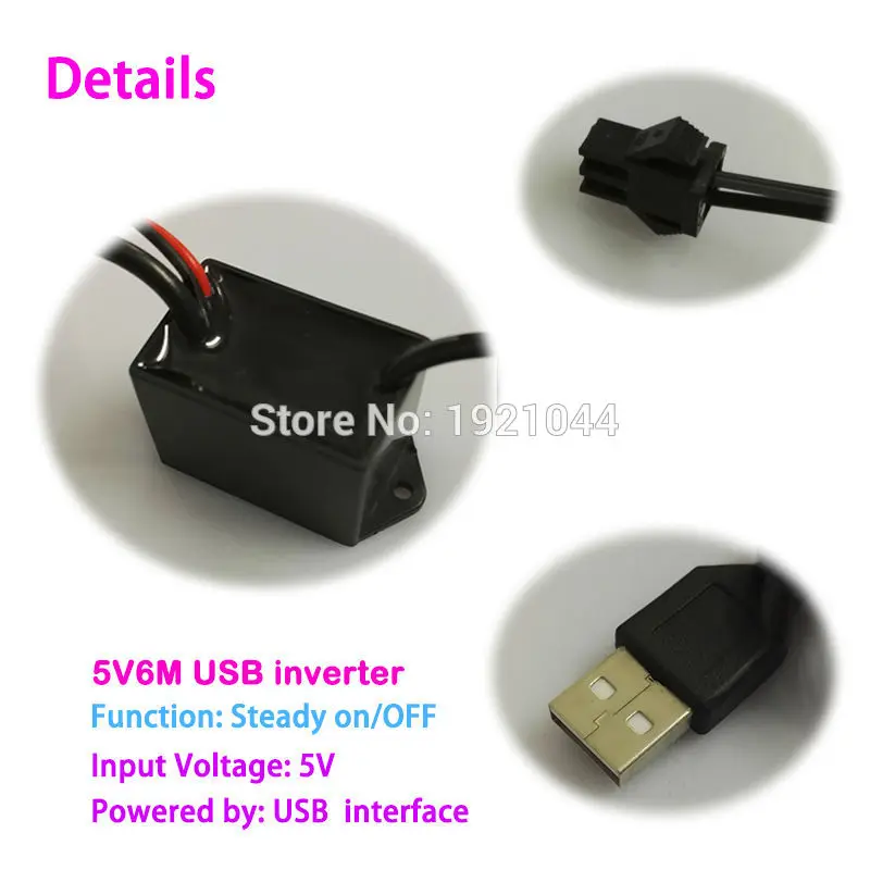 5V6M USB interface EL wire inverter powered by Mobile battery for driving 1-6meter EL wire or EL strip with party decoration