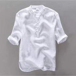 New design brand clothing 100% Linen Men shirt Casual shirts for men short sleeve stand collar top mens camisa masculina chemise