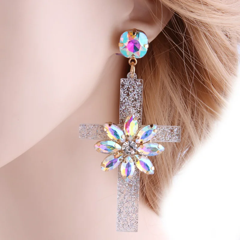 NeeFu WoFu Drop Resin Cross Earrings Brand Crystal Big Earring Large Long Brinco Ear Accessories Oorbellen Christmas Gift jewelr