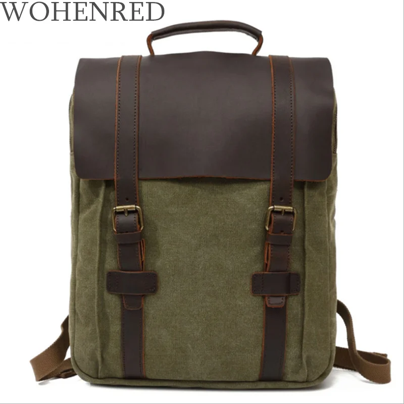 Mochila escolar de lona Vintage para hombre y mujer, bolsa de viaje militar de cuero, Mochila para ordenador portátil