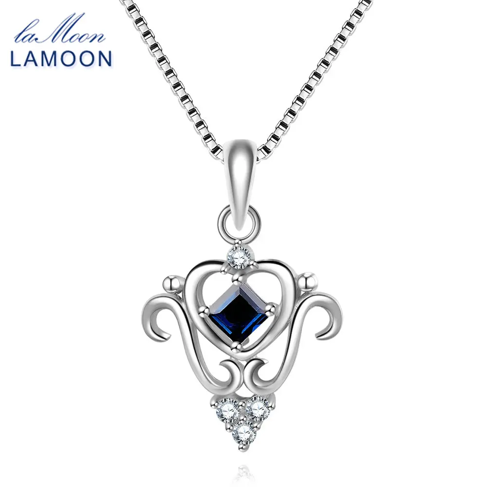 LAMOOM Princess Crown 100% Real Blue Sapphire Jewelry 925 Sterling Silver Chain Pendant Necklace For Women Heart S925 NI055