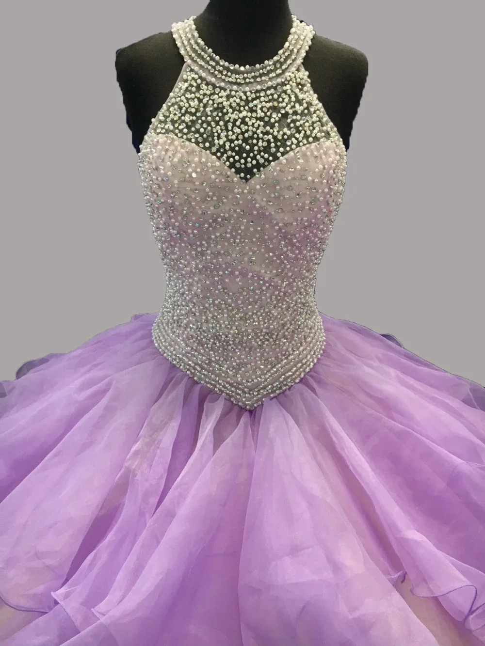 Novo halter lilás quinceanera vestidos de baile strass organza babados doce 16 vestidos longo vestido de baile de 15 anos