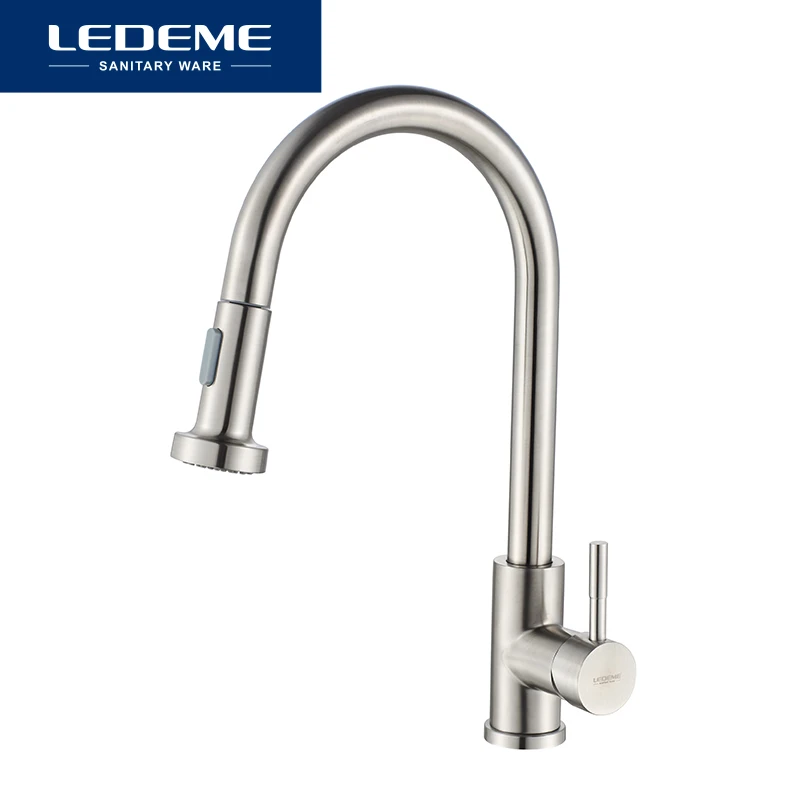 LEDEME Kitchen Faucet 360 Degree Rotation Pull Out Tap Sink Mixer Taps Brushed Stainless Steel Kitchen Faucets L76005-1