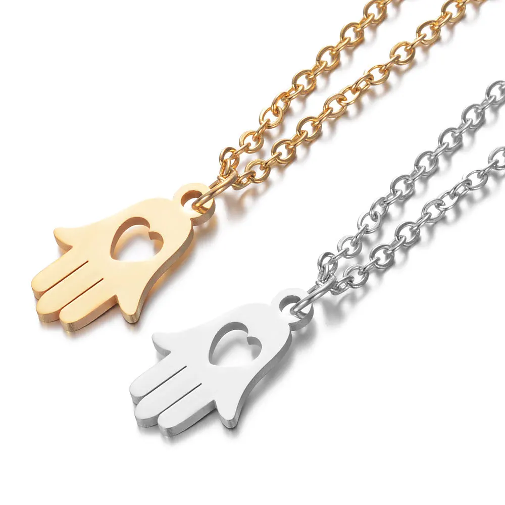 Bonito y pequeño colgante de mano de Fátima Hamsa, Color dorado y plateado, collar de Palma con corazón pequeño de acero inoxidable para mujer y niña, regalo de joyería