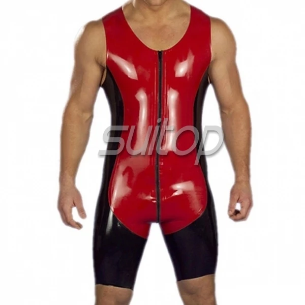 

Suitop red latex jumpsuit for men sexy rubber leotard man's catsuit with front zip through crotch