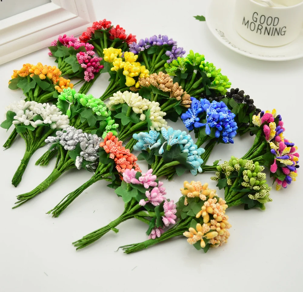 Cute 12pcs/lot Artificial Stamens Flowers For Handicrafts Home Accessories Scrapbooking DIY Wreath Candy Gift Box Decoration