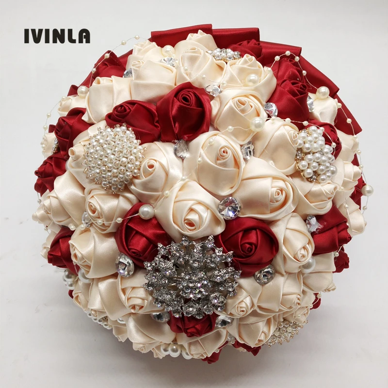 

Hot selling Red+Cream wedding bridal bouquet wedding bouquets with diamond rhinestone crystal for wedding decoration