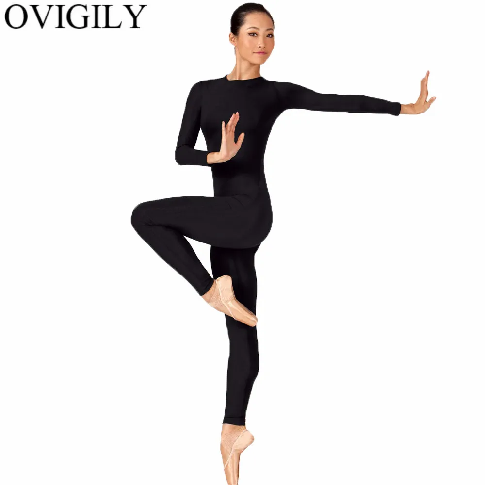 OVIGILY Womens Full Body Dance Unitard Adults Black Crew Neck Long Sleeve Gymnastics Unitards Jumpsuits Sports Wear Skin Tights