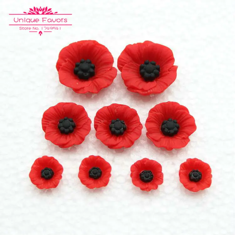 50pcs Chic Resin Poppy Flower Cabochon Flat Back Artificial Red Flower Beads Miniature Poppy Flower Jewelry Accessory Home Decor