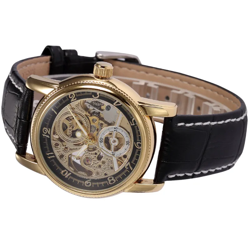 MG. ORKINA Luxury Clock Men Leather Belt Retro Black Golden Skeleton Dial Relogio Male Masculino Mechanical Automatic Watch