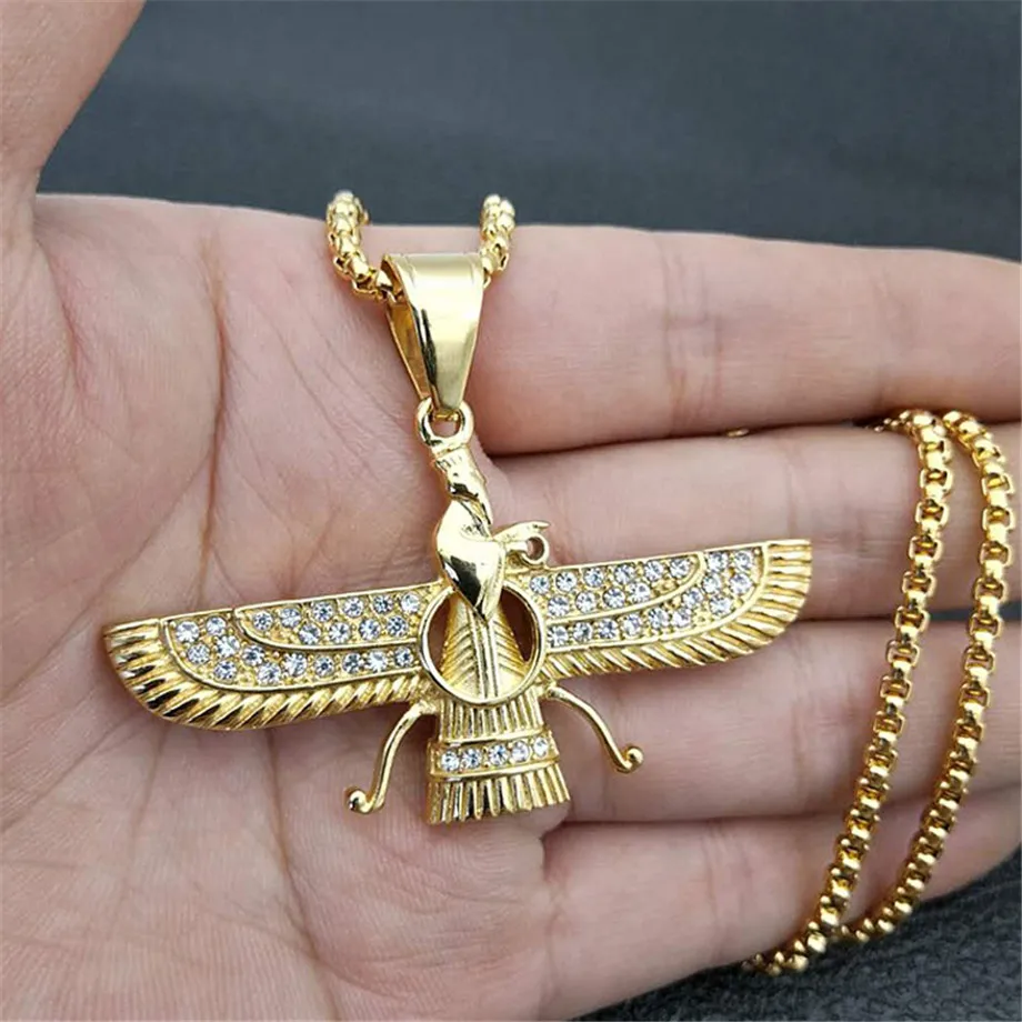 

Drop shipping Hip Hop Iced Out Faravahar Ahura Pendant Necklace Gold Color Stainless Steel Zoroastrian Pendant Iranian Jewelry