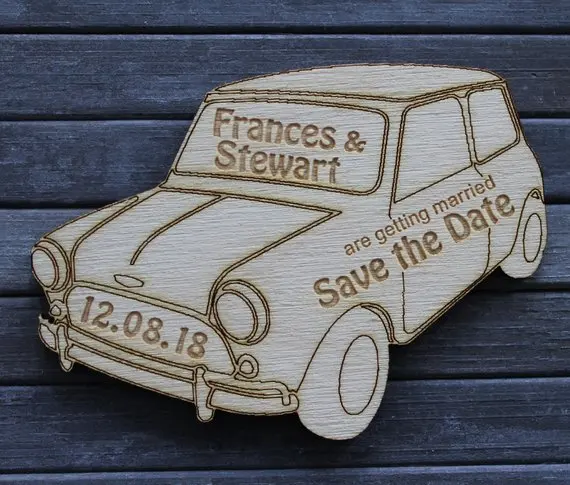 Personalised Classic Mini Car  Wooden SAVE THE DATE Wedding or Civil Partnership Fridge Magnet