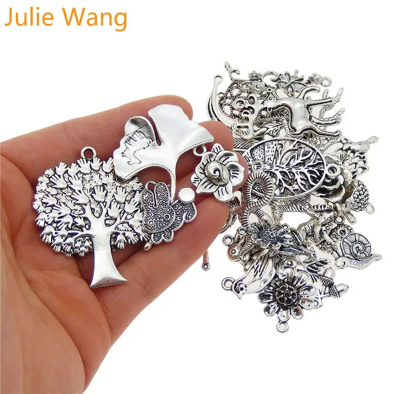 Julie Wang 10PCS Randomly Mix Birds Animal Leaf Flower Charms Antique Colors Necklace Bracelet Jewelry Making Accessory