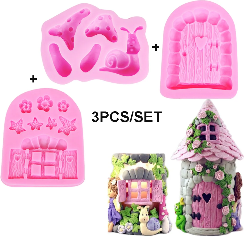 C179 Enchanted Vintage Home Door Fairy Garden Gnome  Snail Silicone Mold Fondant Cake Decorating Tools Candy Chocolate Gumpaste