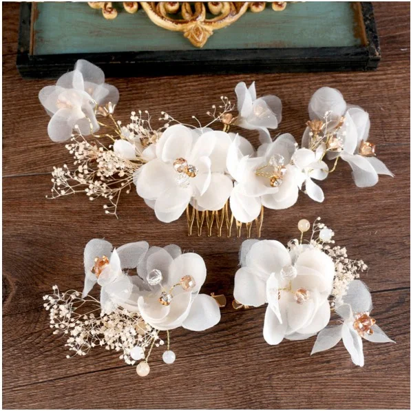 New white immortal crepe flower comb barrette sets bride headwear bridal hair accessories