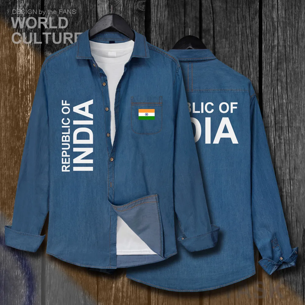 Republic of India IND Indian Men Flags Clothes Autumn Cotton Turn-down Collar Jeans Shirt Long Sleeve Cowboy Coat Fashion Tops