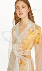 Transparent Waist Belt With Clear Waterproof PVC Trench Rain Coat Women Fashion Windproof Coats