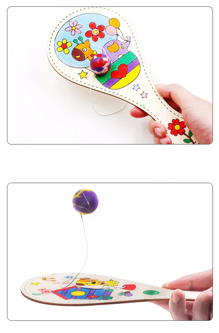 Random style white blank wooden racket with ball DIY craft toy cartoon drawing graffiti Kindergarten kids hand-made toys