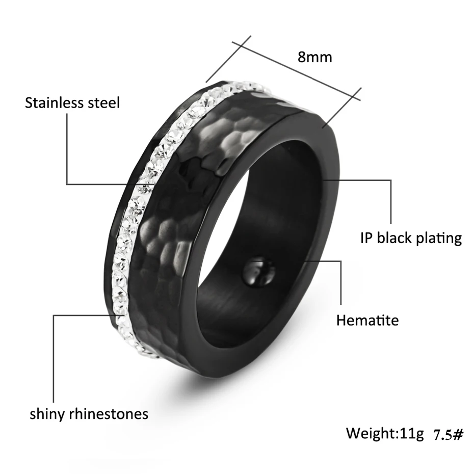 WelMag Women\'s Ring Hematite Health Rings With Rhinestones Elegant Stainless Steel Bio Energy Black Couple Jewelry 2023 Gift