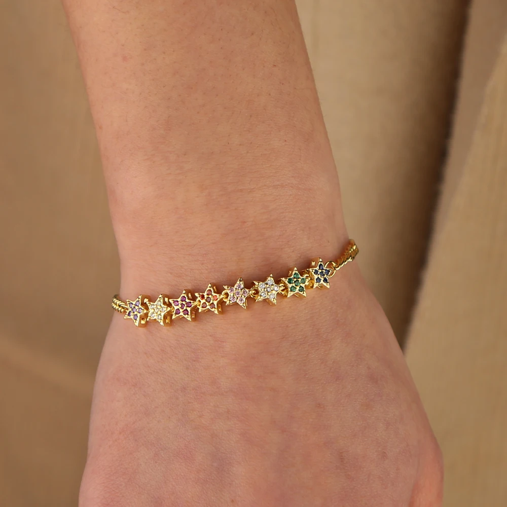Gold Color Plated Rainbow Cz Flower Charm Bracelet Adjust Chain Delicate Stunning Minimal Cute Elegance Jewelry for Women