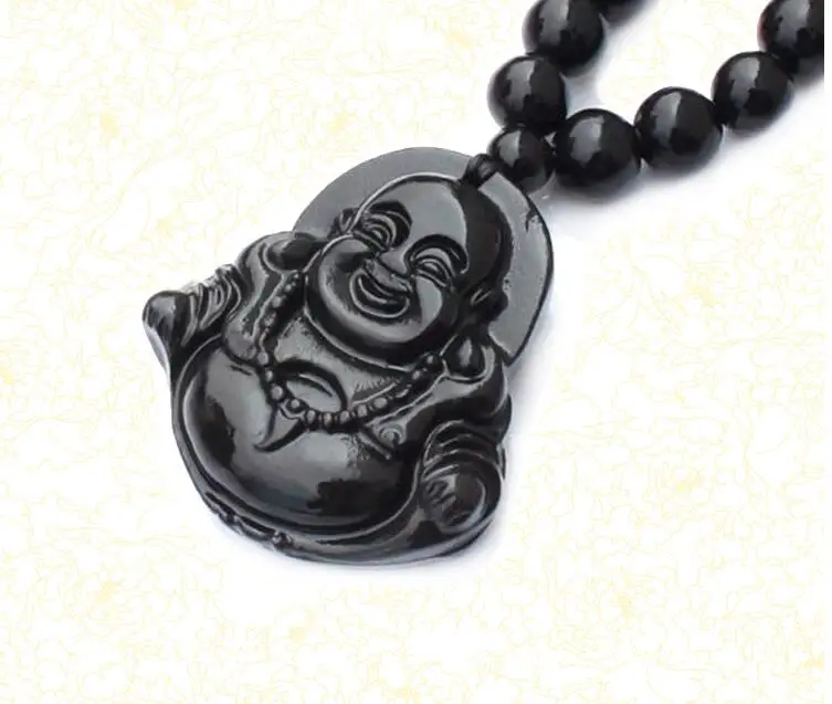 RD    Natural Black Bian Stone Carved Lucky Laughing Buddha Pendant Beads Necklace Massager Beauty Healthy Care