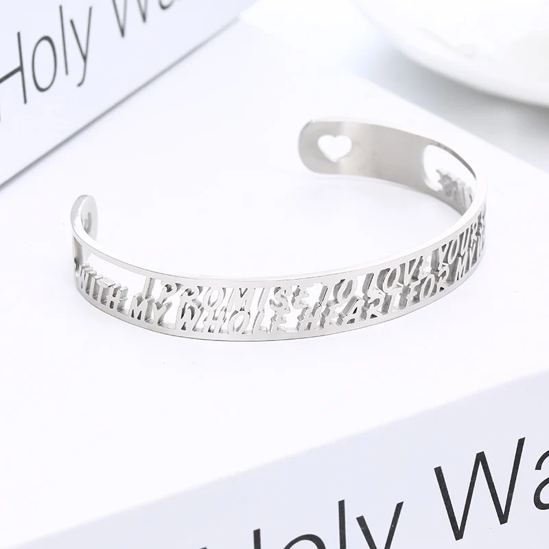 MYLONGINGCHARM Hollow Letter stainless steel Bracelet I PROMISE TO LOVE fashion open cuff inspirational Bangles M0285