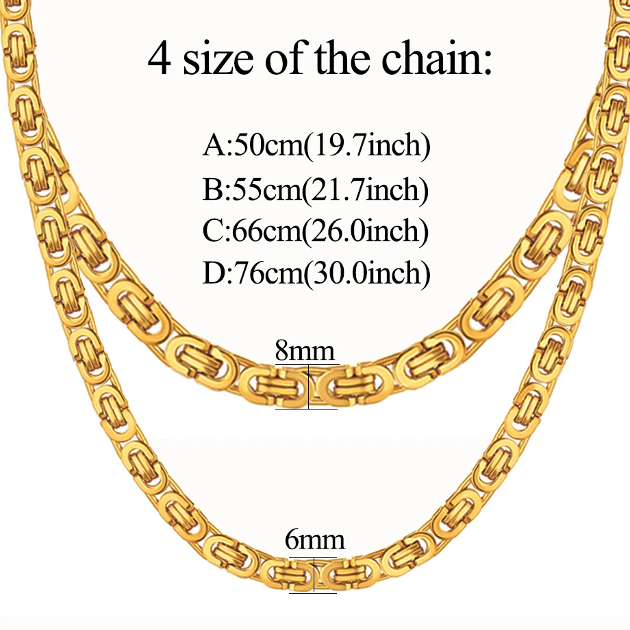 8mm Men\'s Thick Chain Stainless Steel Long Gold Color Byzantine Link Chain Necklace Hip Hop Jewelry Dropshipping Wholesale