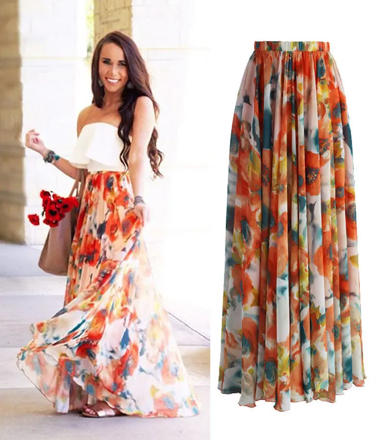 2017 New Arrivals Women Fashion Floral BOHO Chiffion Full Skirts Summer Sundress Ladies Beach Skirts Hot Sales