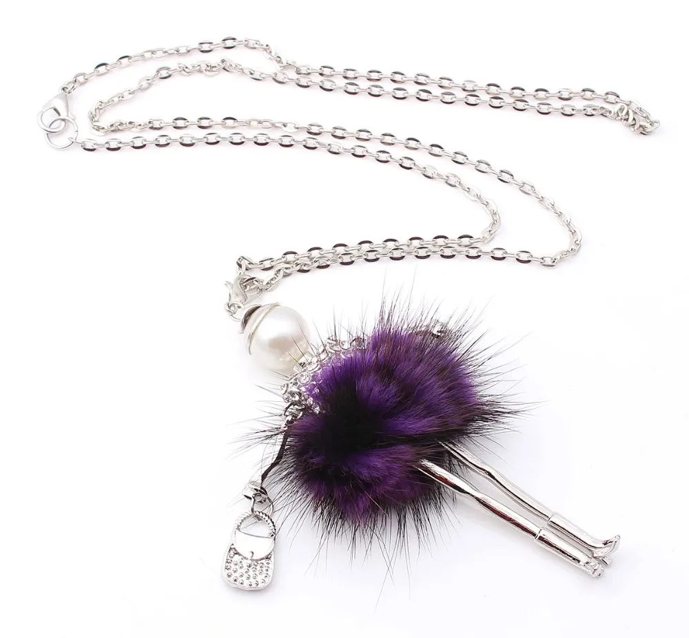 Fashion Lovely Fluffy Doll Necklace Long Chain Jewelry Women Princess Dress French Necklaces Pendants For girls Gifts 8 colors