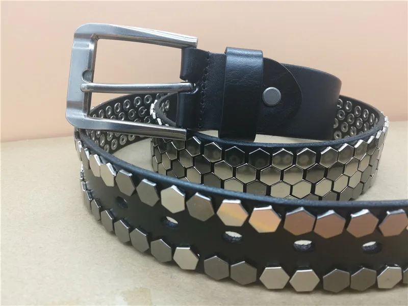 Heavy metal hexagonal studded men's denim belt Rocky jeans leather punk belt designer men's belt punk rivet belt