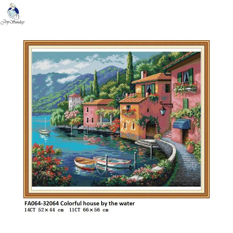 Colorful House by the Water Cross Stitch Kits 11CT Printed Fabric 14CT Counted Canvas DMC Cross-stitch Embroidery Thread Sets