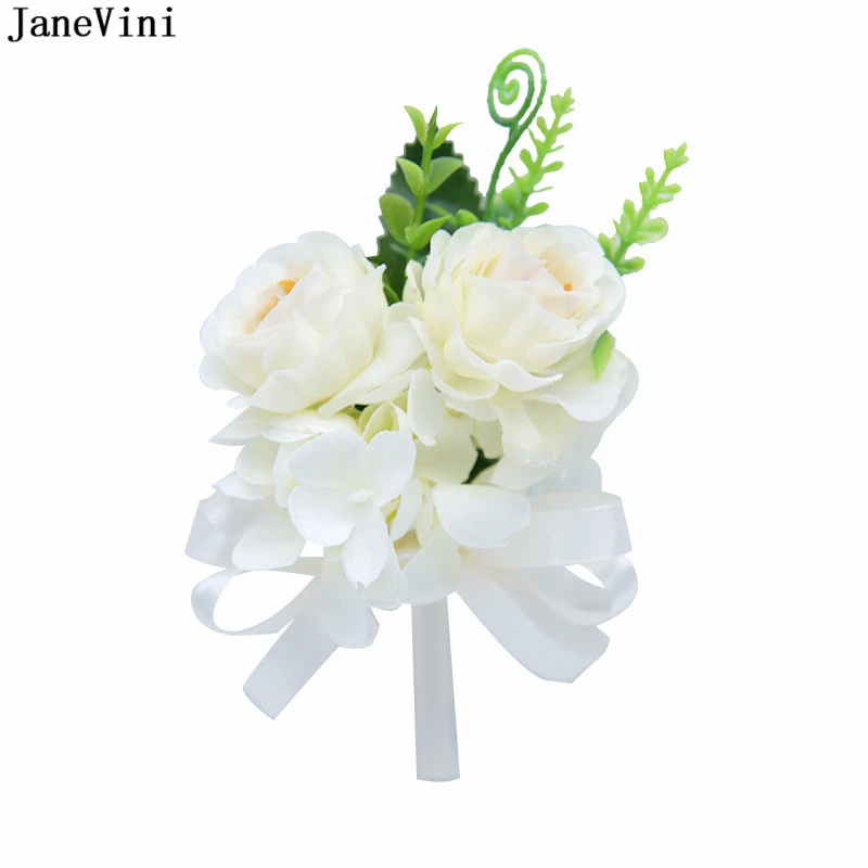 JaneVini Ivory Groom Corsage Wedding Groom Boutonniere Silk Rose Brooch Ribbon Groomsmen Boutounierew Flower Wedding Accessories