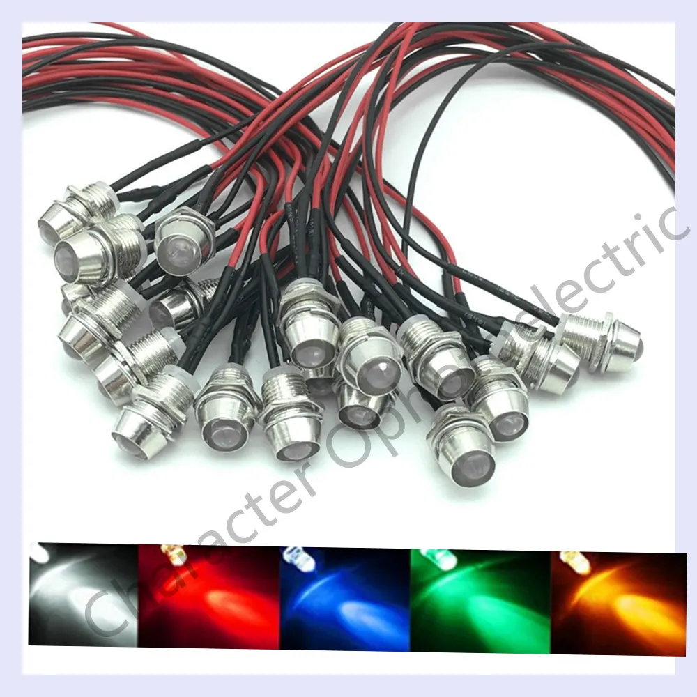 10-100pcs 5mm 12V colorful pre-wired LED Metal Indicator Pilot Dash Light Lamp Wire Leads