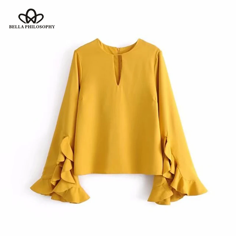 Bella Philosophy spring women long flare sleeve shirt casual yellow solid female blouse ruffles fashion V Neck women blouse